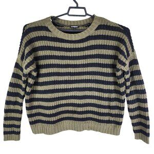 Womens Express Olive & Black Striped Knit Sweater Crew Neck Long Sleeve Size M